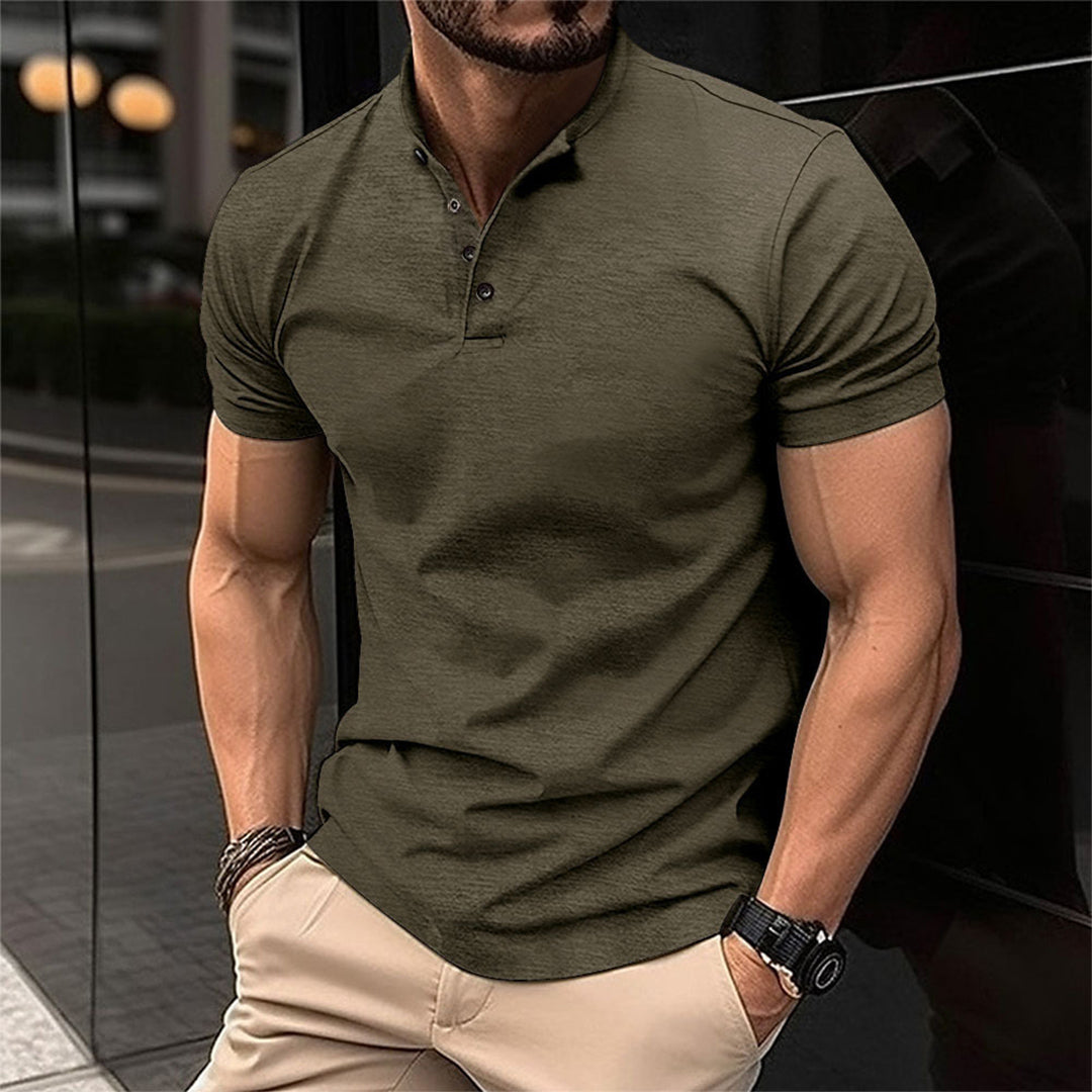 Olijfgroen poloshirt voor heren, korte mouwen, knoopsluiting, casual stijl, geschikt voor dagelijks gebruik, modieus en comfortabel.